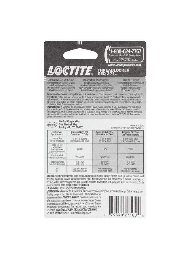Loctite Rusting and Corrosion Resists Thread Locker Red 271 6 ml 209741 - Image 2